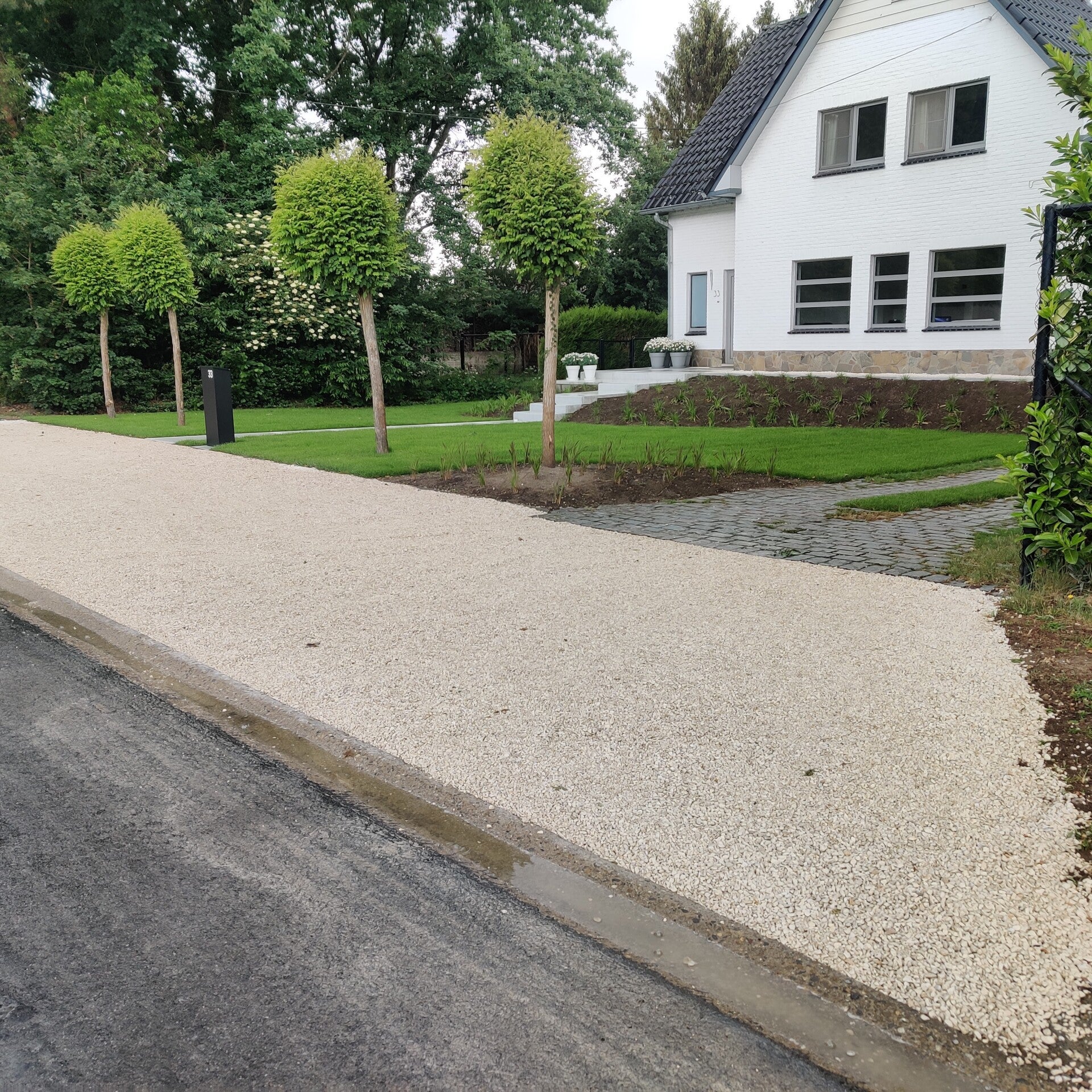 Nieuwe grindoprit en voortuin met bolbomen bij een witte woning